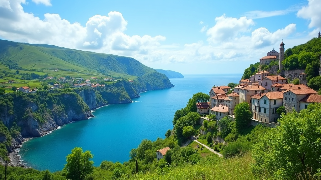 Mountainous coastline with vibrant blue water and small towns nestled along the shore, representing a scenic European travel destination