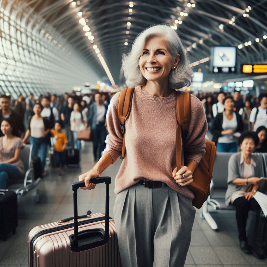 An older solo traveller exiting an airport