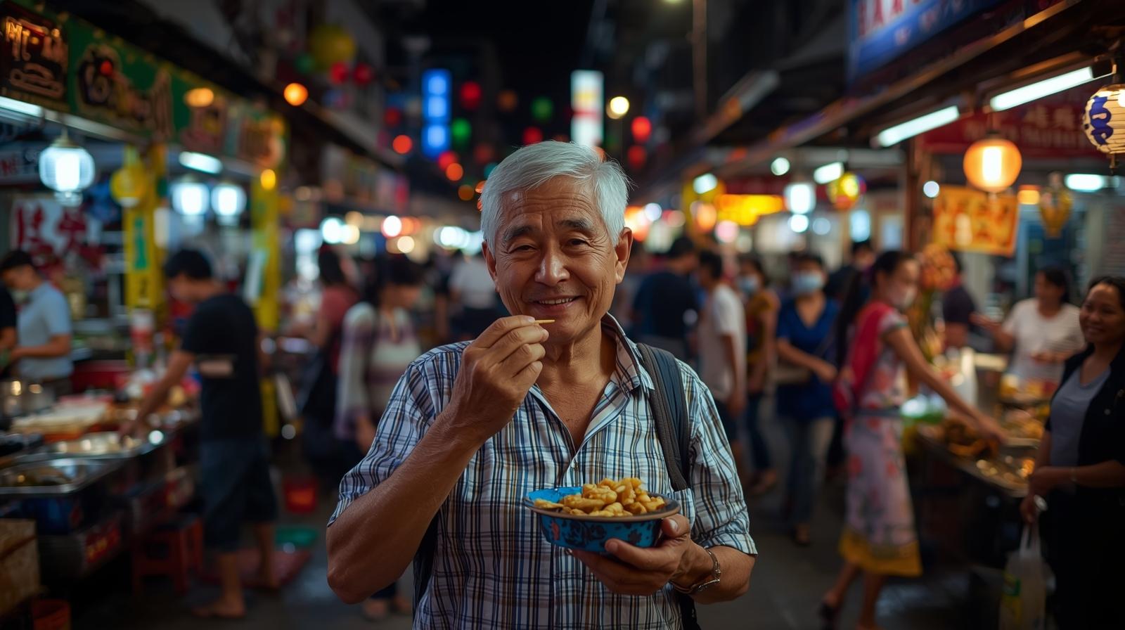 Enjoying food in a night market in Asia